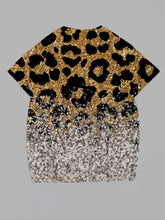 Women's Plus Size Shiny Gradient Leopard Print Round Neck Short Sleeve T-Shirt